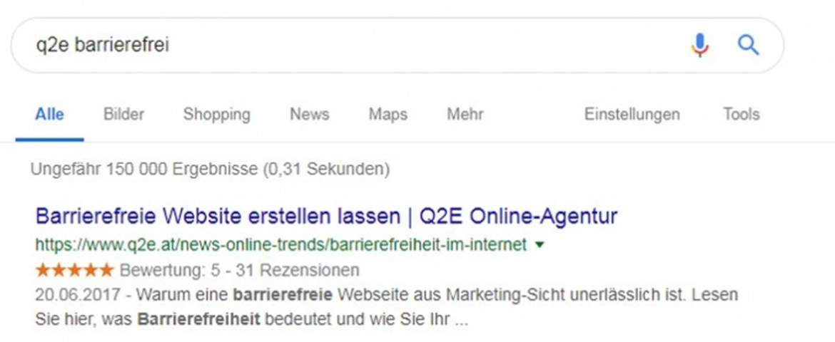 Screenshot eines Google-Suchergebnisses zum Thema &raquo;Barrierefreie Websiten&laquo;