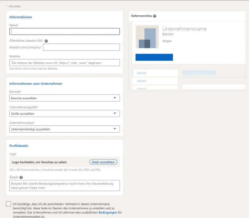 Formularansicht f&uuml;r die Profildetails auf LinkedIn