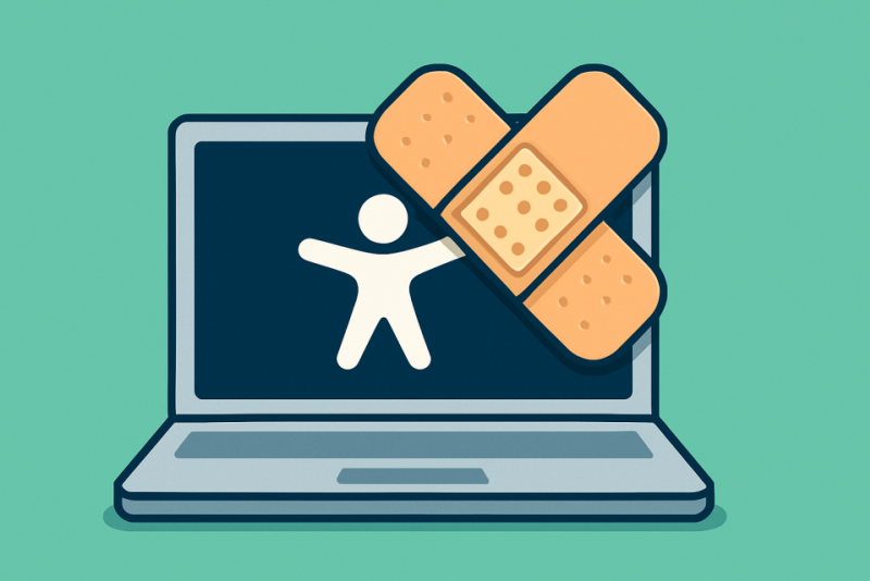 Illustration eines Laptops mit dem Accessibility Symbol darauf. Dar&uuml;ber ein Pflaster.