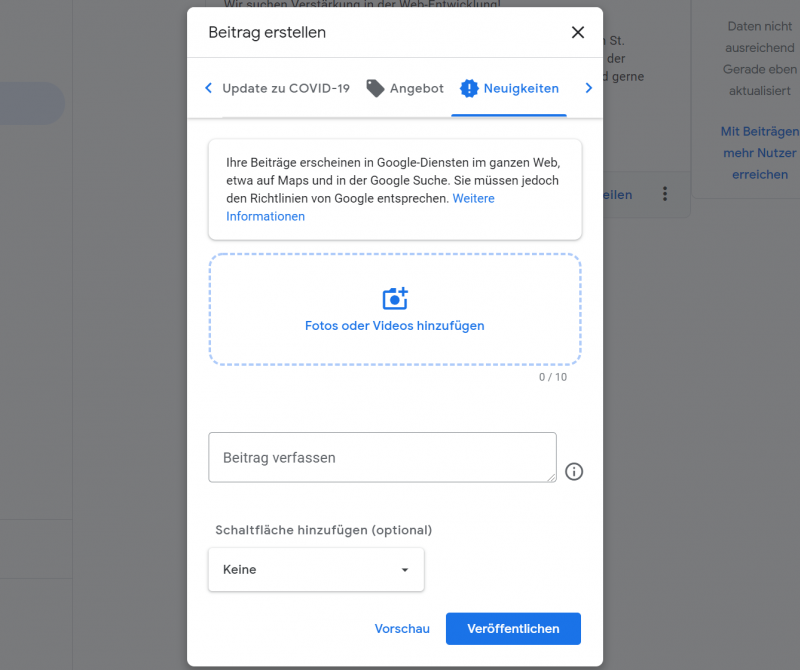 Screenshot des Eingabeformulars eines Google Posts