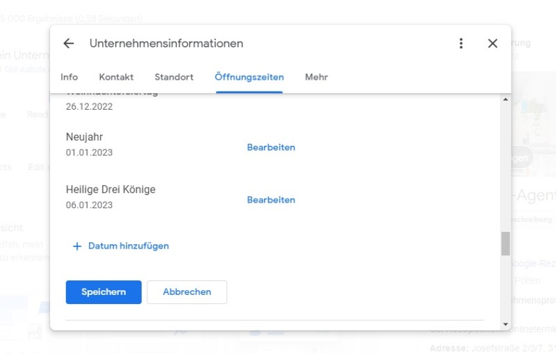 Google Business Profil von Q2E Online-Agentur: Öffnungszeiten bearbeiten