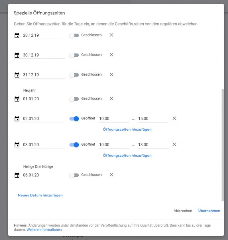 My-Business von Q2E Online-Agentur: Öffnungszeiten bearbeiten