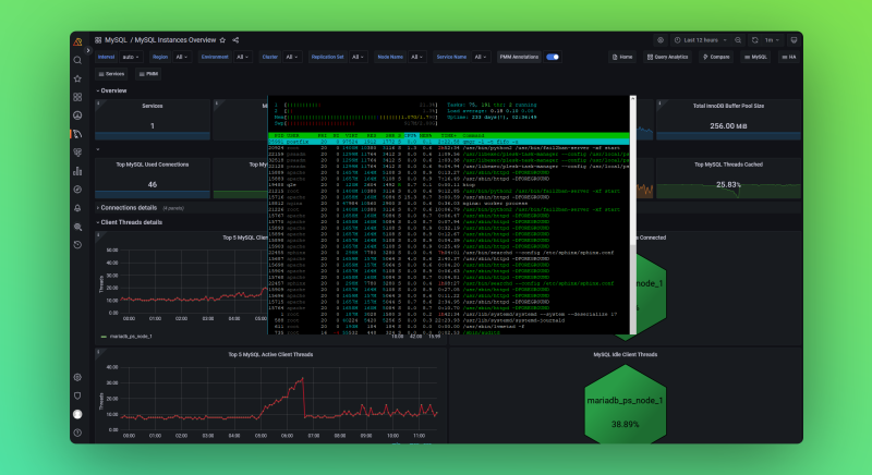 Diagramme vom Monitoring Tool Grafana mit der Linux htop Befehlsausgabe im Vordergrund.