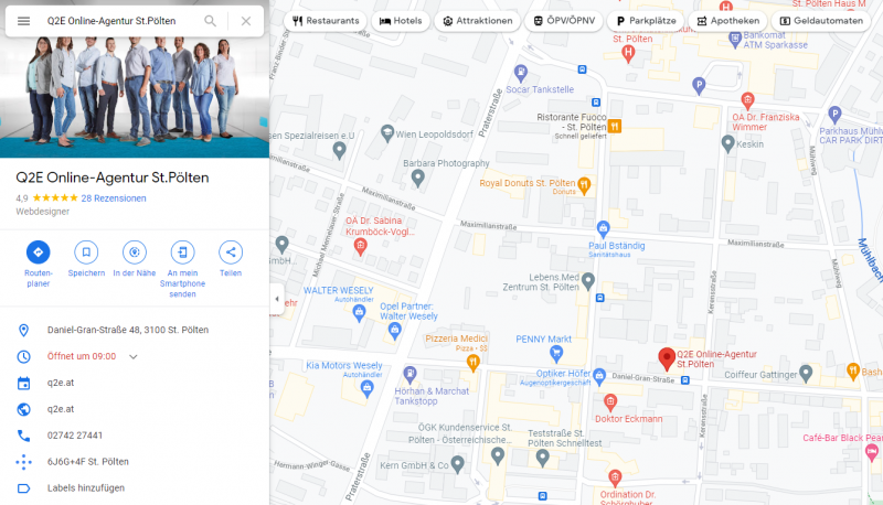 Ausschnitt des Google My Business Eintrages von Q2E Online-Agentur Google My Business Eintrag der Q2E Online-Agentur in Sankt Pölten und Amstetten