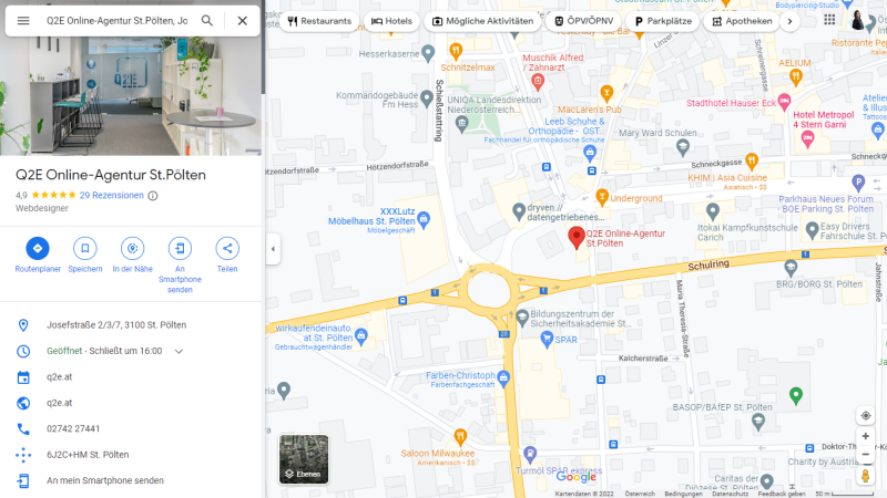 Google My Business Eintrag der Q2E Online-Agentur in Sankt Pölten und Amstetten
