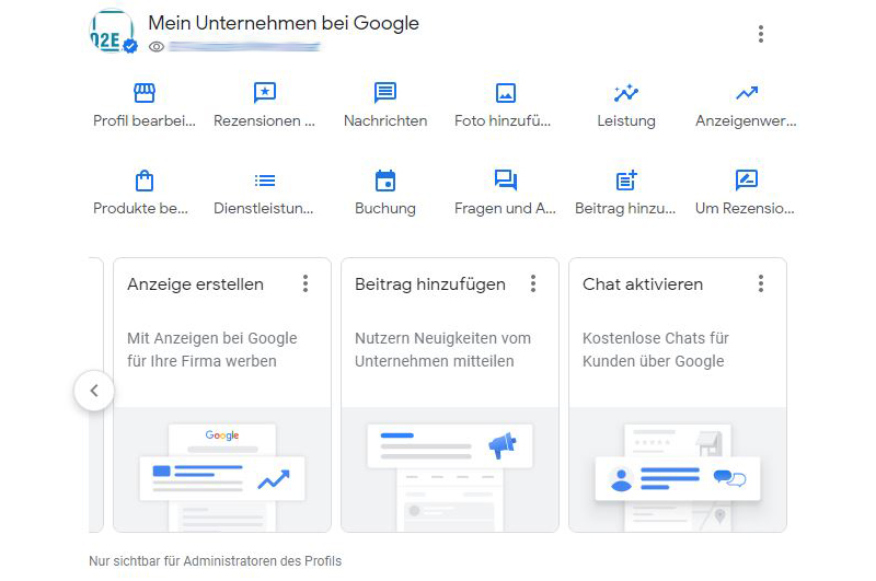 Screenshot der Ansicht im Google Business Profil in der Desktop-Variante zum Erstellen eines neuen Beitrages. Screenshot des Google Business-Eintrags mit Tab »Beitrag hinzufügen«.
