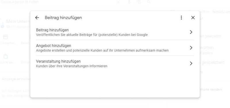 Screenshot der Auswahl für Google Posts Auswahlboxen für die verschiedenen Beitragsarten von Google Beiträgen