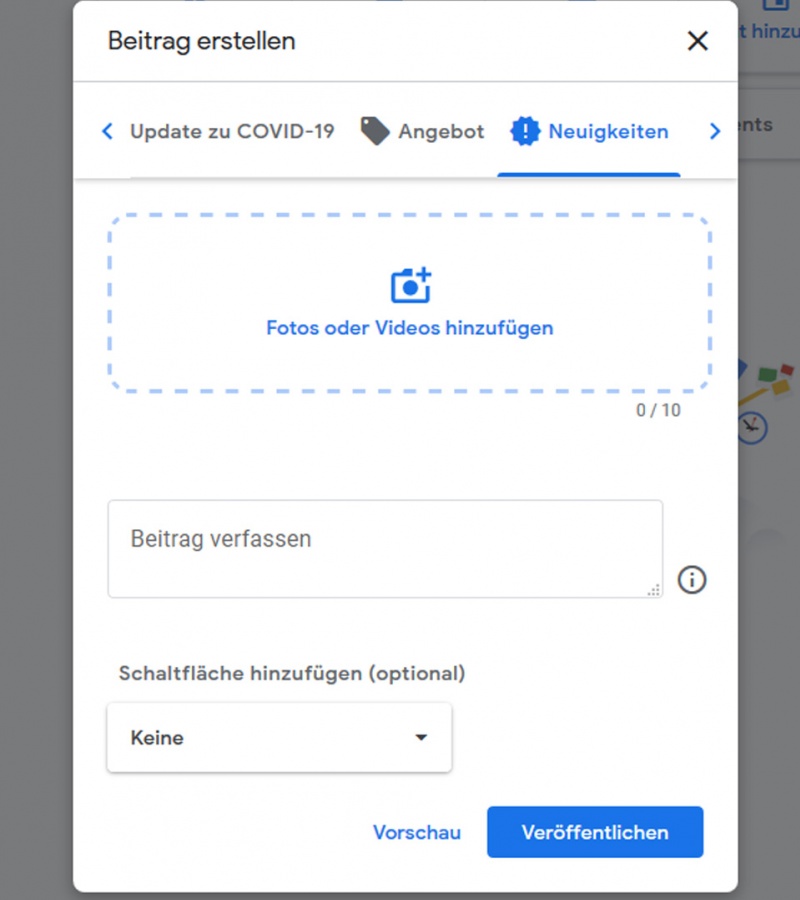 Screenshot des Eingabeformulars des Google Posts Eingabeformular des Google Posts mit verschiedenen Feldern