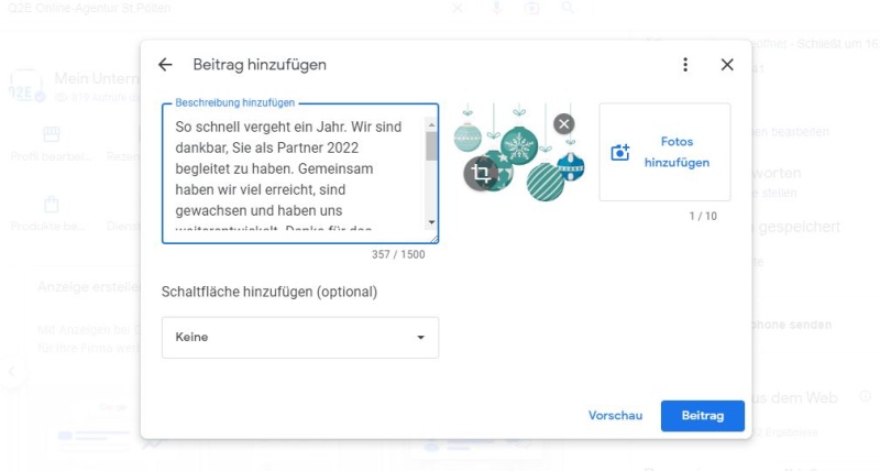 Screenshot eines Beitragsentwurfs im Google Business Profil Einfach die Inhalte eingeben, Bilder hochladen und per Vorschau oder Beitrags-Button prüfen und veröffentlichen.
