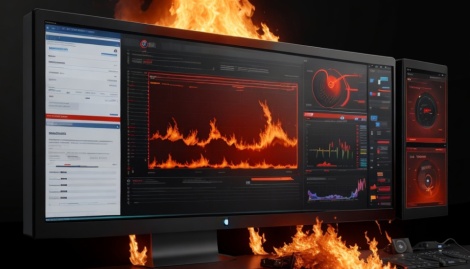 Ein brennender Computer. Auf dem Display werden Performance Monitoring Diagramme angezeigt.