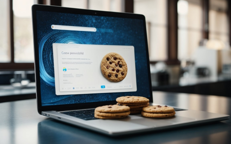 Ein künstlich generiertes Bild, das ein aufgeklapptes Notebook zeigt, auf dessen Tastatur mehrere Cookies liegen.