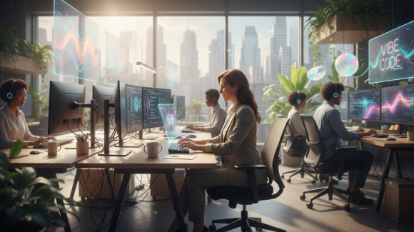 Eine KI-Grafik im Business-Setting mit futuristischen Software-Entwicklern