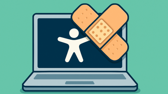 Illustration eines Laptops mit dem Accessibility Symbol darauf. Dar&uuml;ber ein Pflaster.