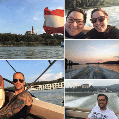 Es ist eine Bildercollage zu sehen von der Bootsfahrt auf der Donau.