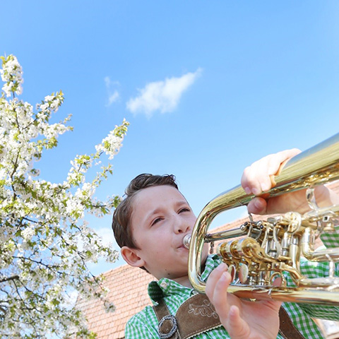 Junge spielt Trompete, dahinter steht ein Birnenbaum, der blüht.