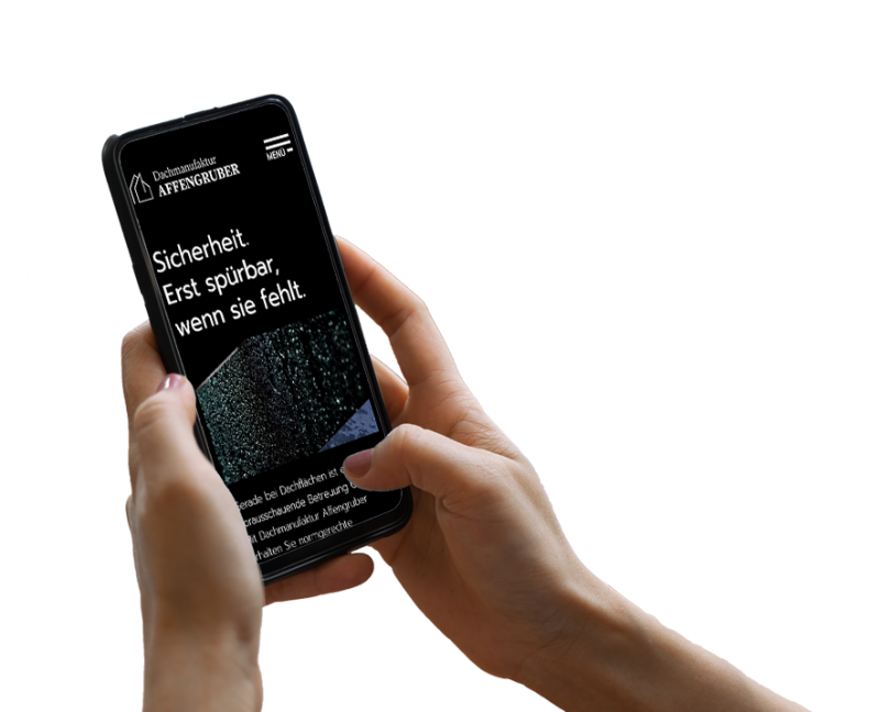 Hand h&auml;lt Smartphone, darauf ist ein Screenshot der Website zu sehen