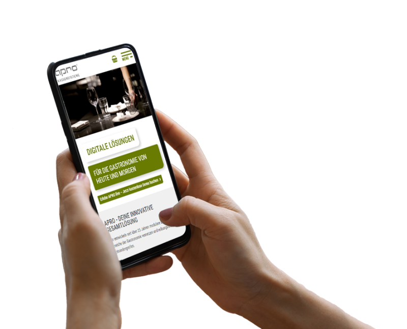 Hand h&auml;lt Smartphone, darauf ist ein Screenshot der Website zu sehen