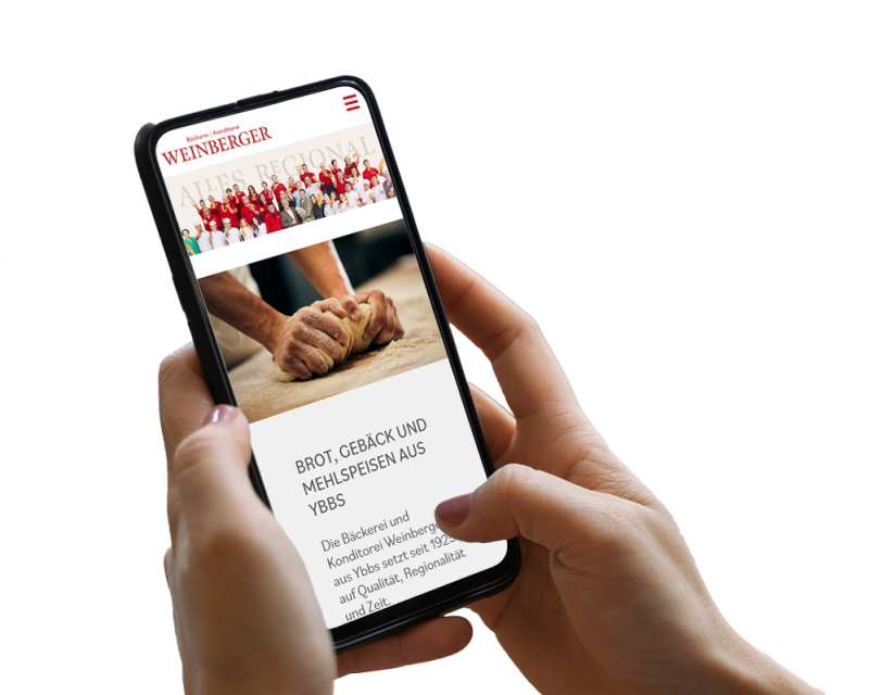 Hand h&auml;lt Smartphone, darauf ist ein Screenshot der Website zu sehen
