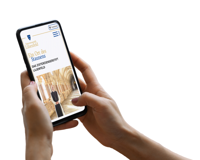 Hand h&auml;lt Smartphone, darauf ist ein Screenshot der Website zu sehen