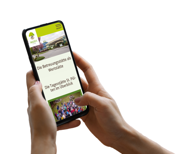 Hand h&auml;lt Smartphone, darauf ist ein Screenshot der Website zu sehen