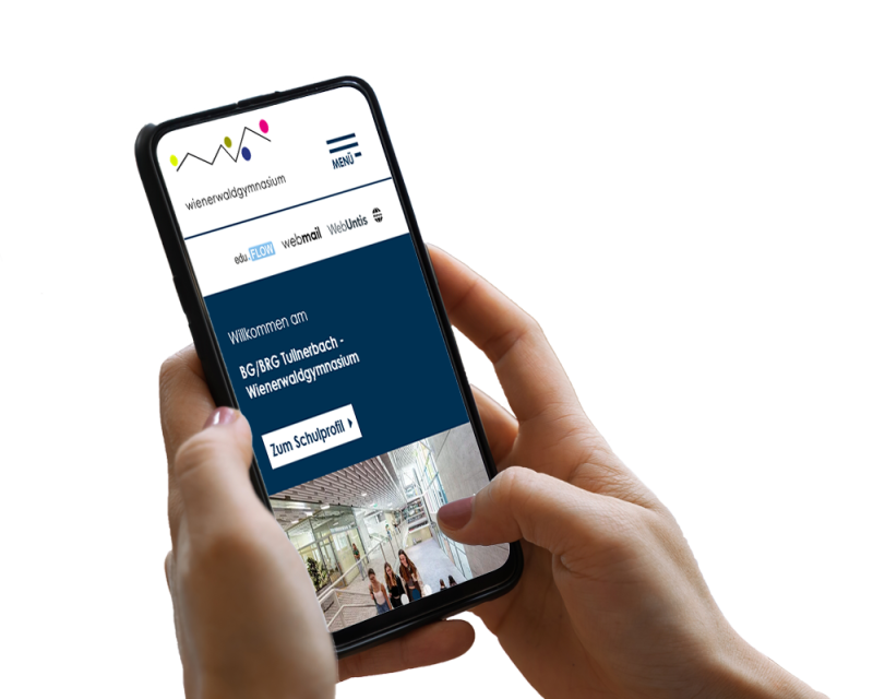 Hand h&auml;lt Smartphone, darauf ist ein Screenshot der Website zu sehen