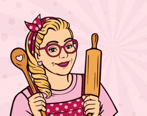 Comic Portrait einer Frau mit Kochl&ouml;ffel und Nudelholz