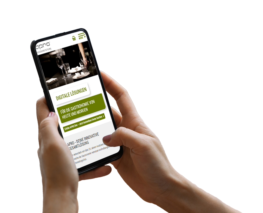 Hand h&auml;lt Smartphone, darauf ist ein Screenshot der Website zu sehen