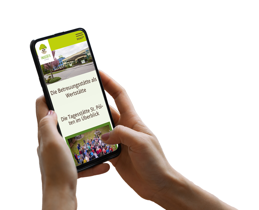 Hand hält Smartphone, darauf ist ein Screenshot der Website zu sehen