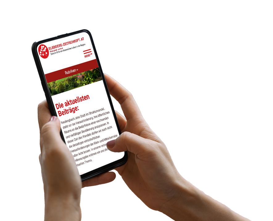 Hand hält Smartphone, darauf ist ein Screenshot der Website zu sehen