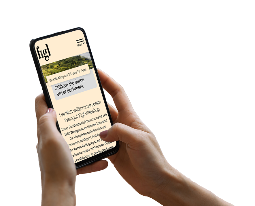 Hand hält Smartphone, darauf ist ein Screenshot der Website zu sehen